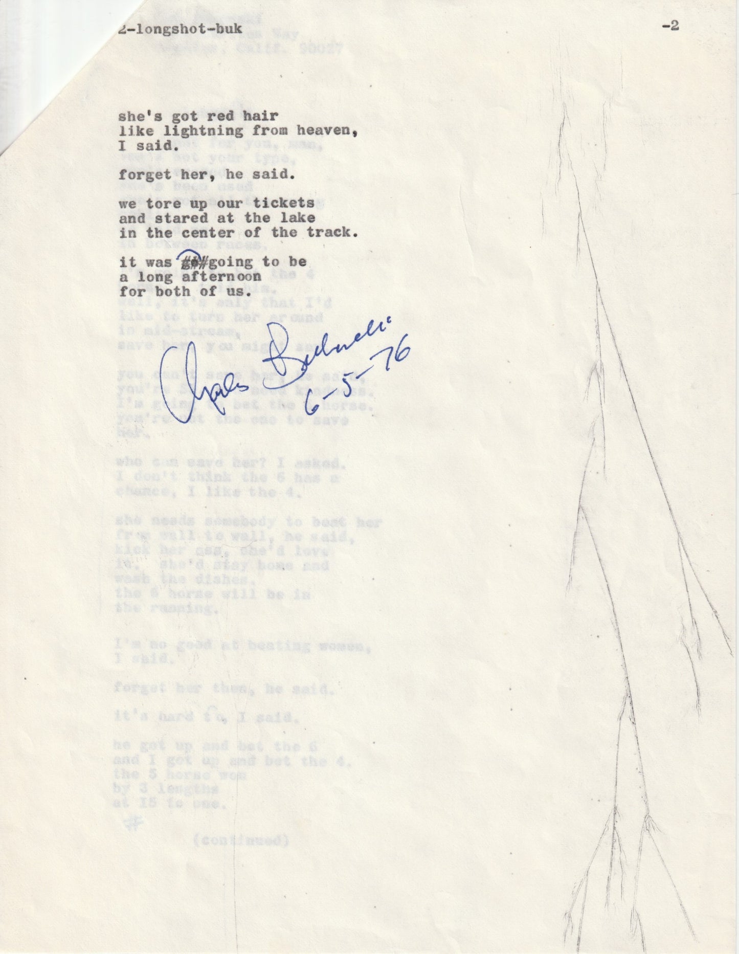 Longshot: Signed Manuscript by Charles Bukowski