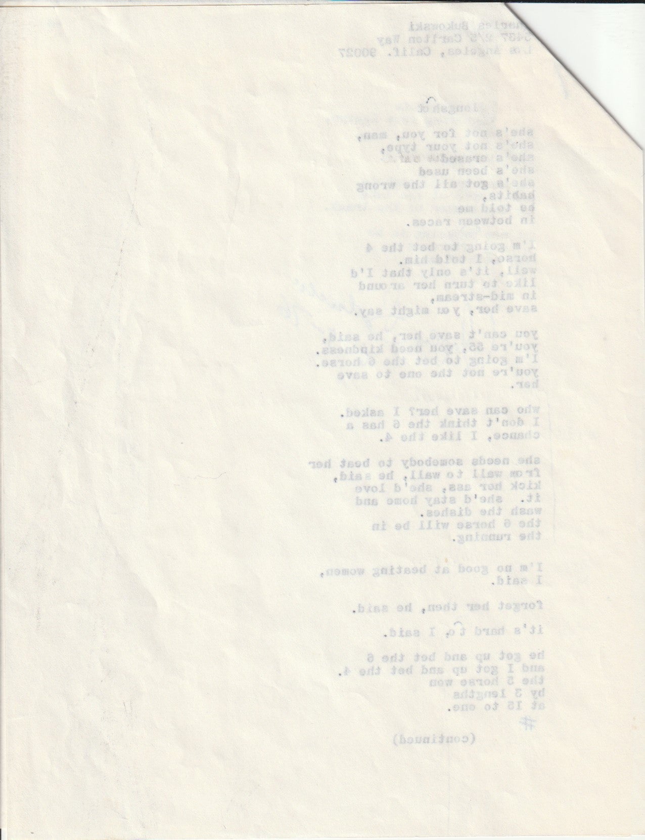 Longshot: Signed Manuscript by Charles Bukowski