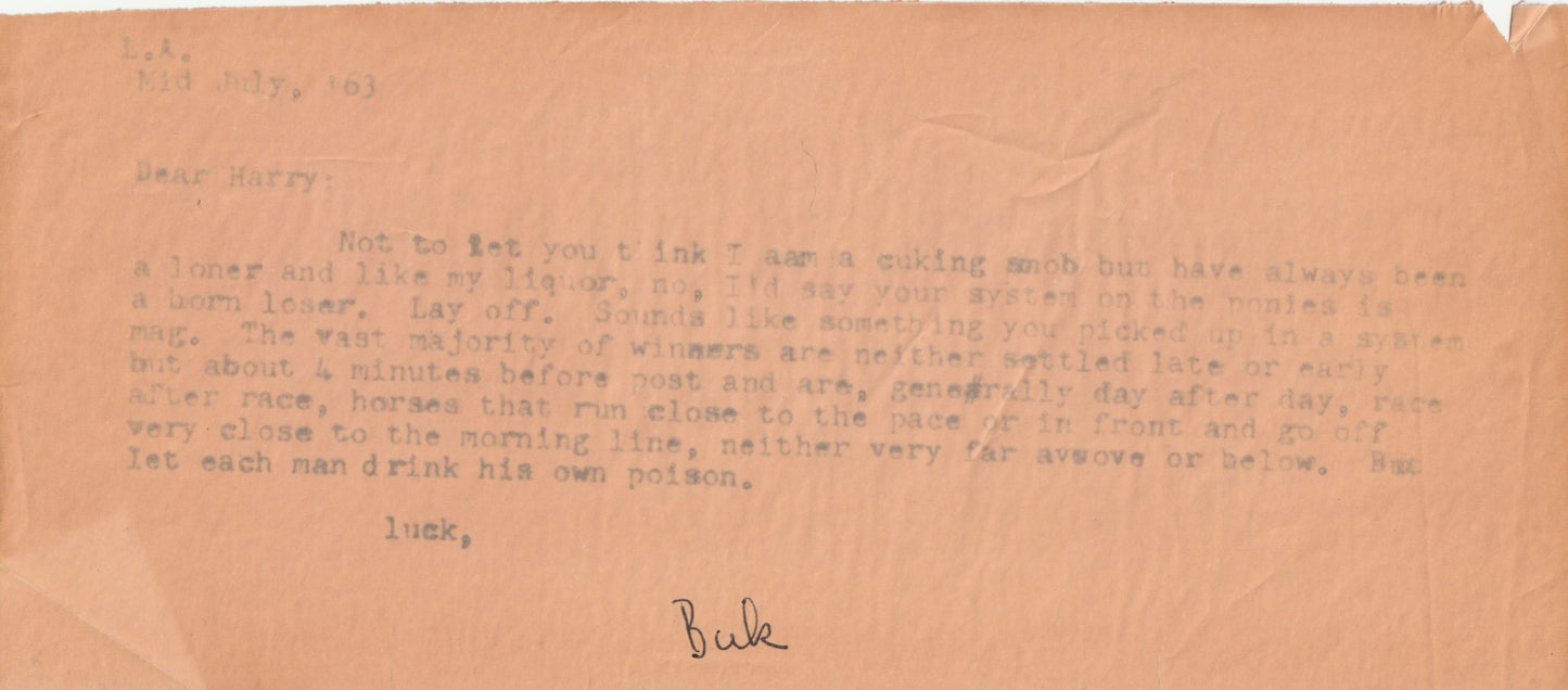 Charles Bukowski 1963 Signed Letter to “Harry” with American Turf Magazine (1966)