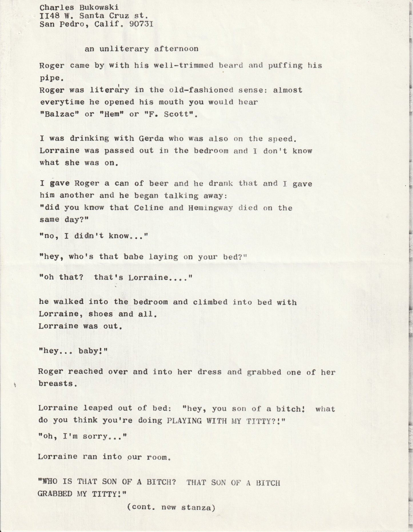 An Unliterary Afternoon: Signed Manuscript by Charles Bukowski