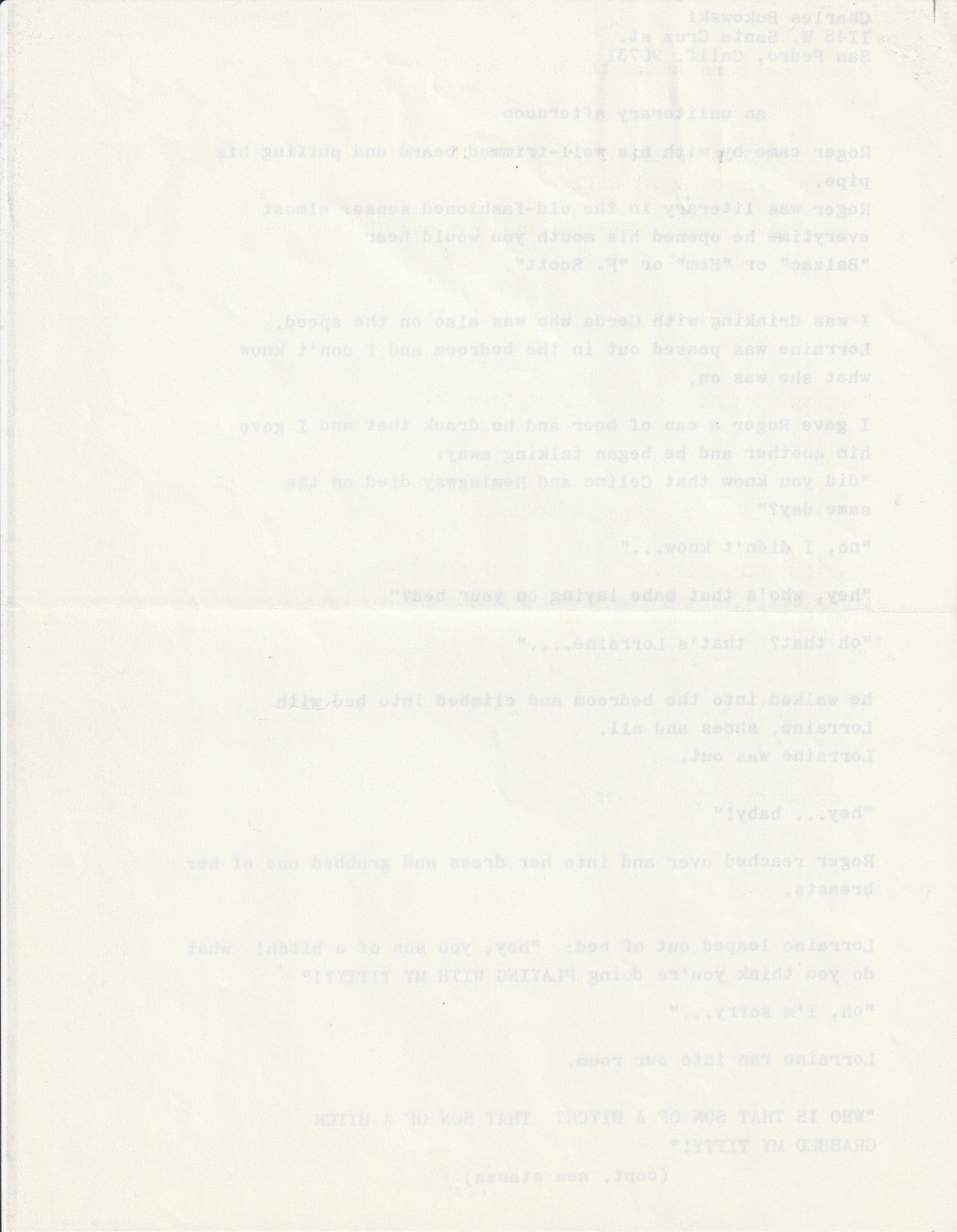 An Unliterary Afternoon: Signed Manuscript by Charles Bukowski