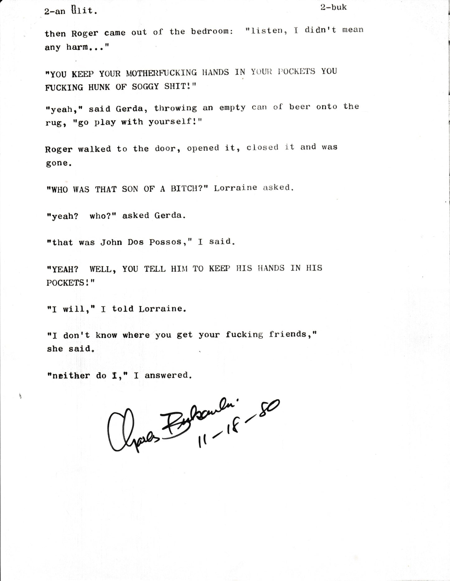 An Unliterary Afternoon: Signed Manuscript by Charles Bukowski