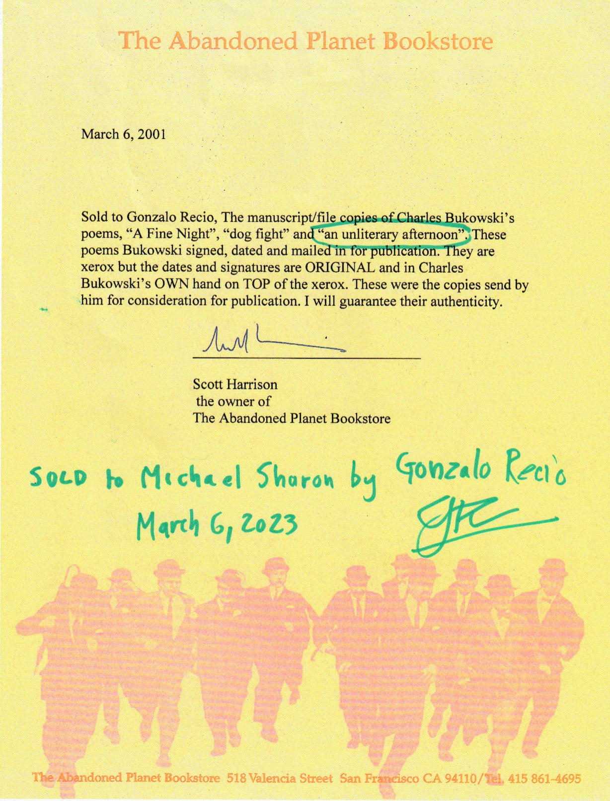 An Unliterary Afternoon: Signed Manuscript by Charles Bukowski