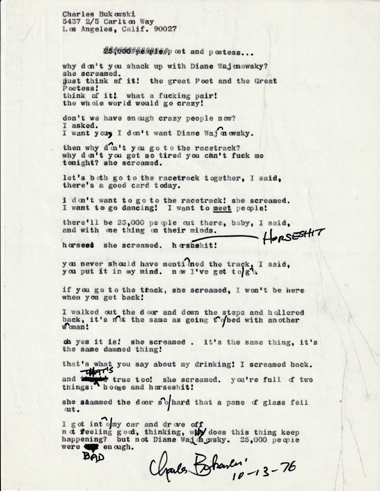 Poet and Poetess: Signed, Uncollected Manuscript by Charles Bukowski