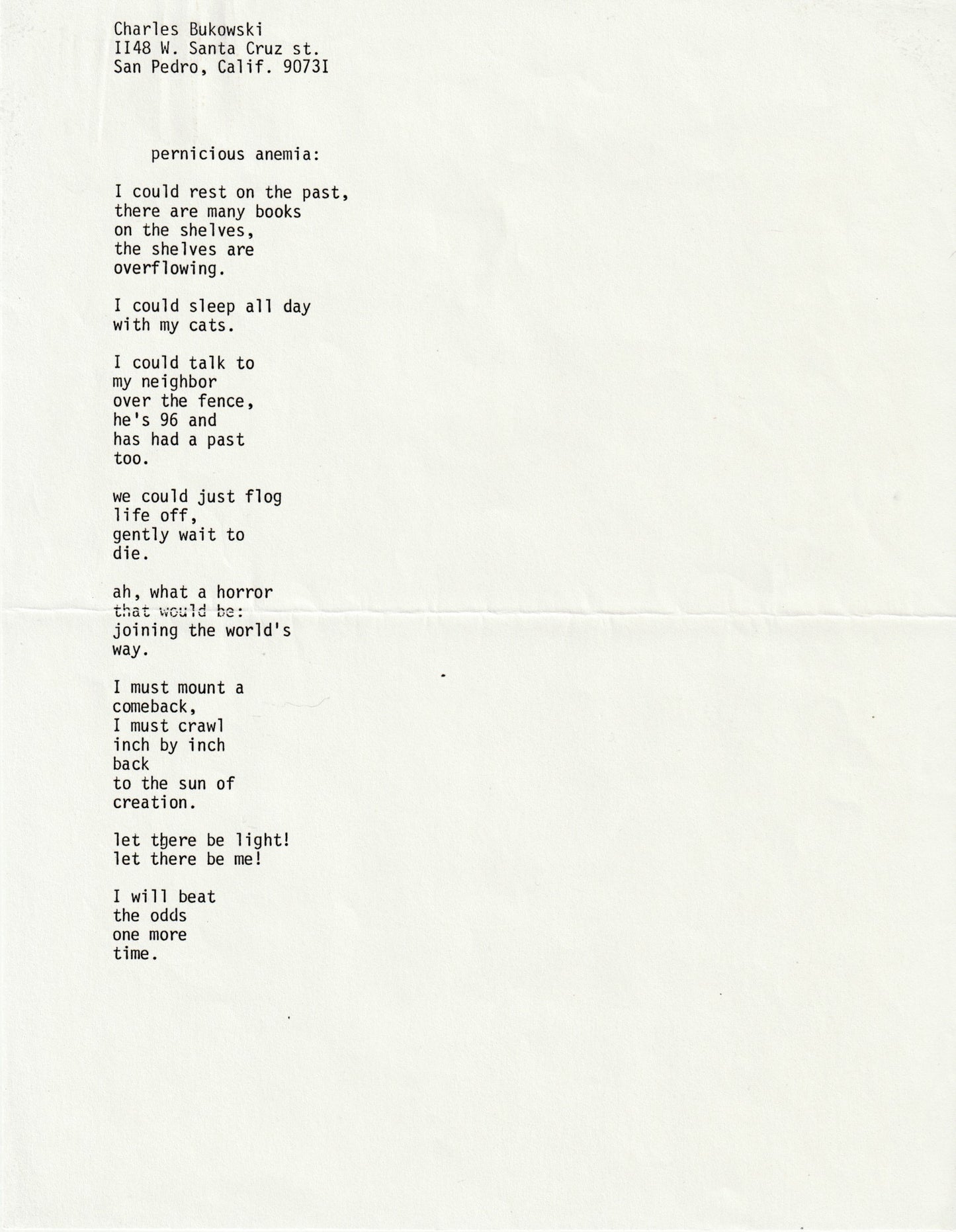 Pernicious Anemia: Unsigned Poem by Charles Bukowski