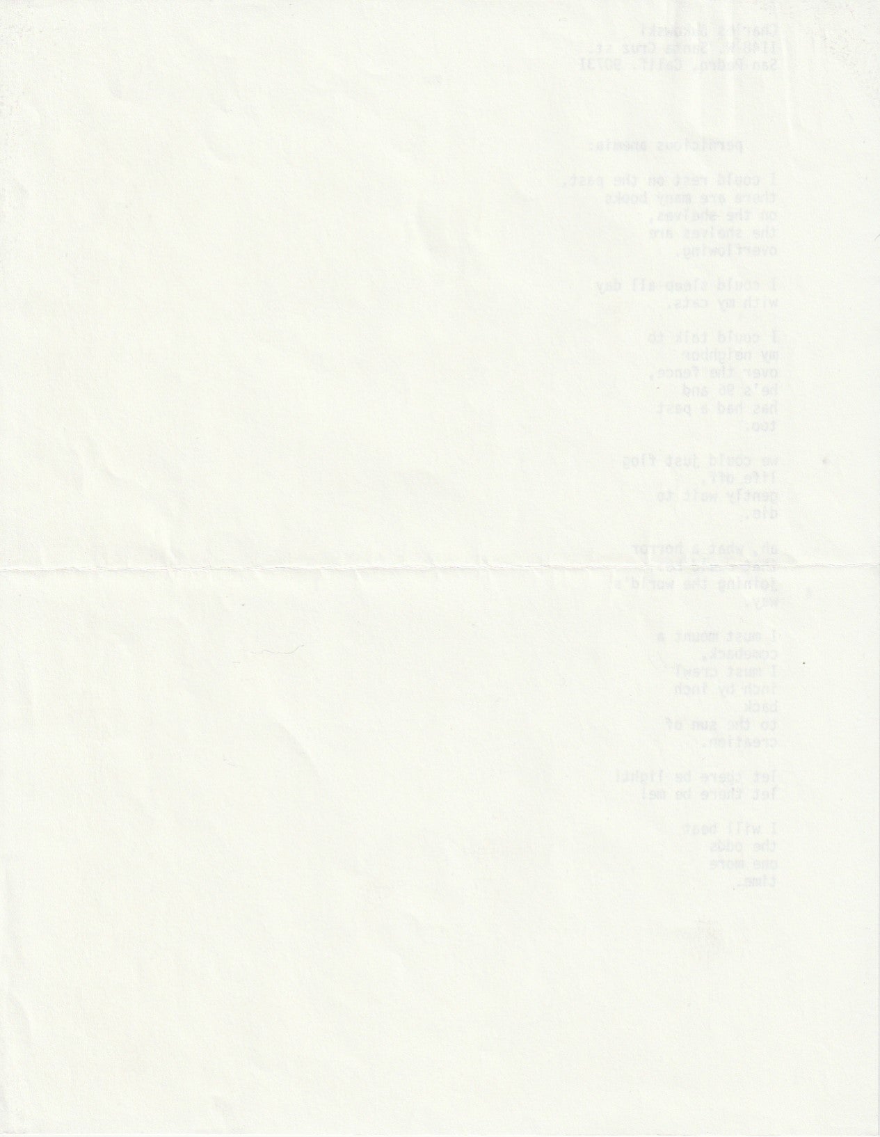 Pernicious Anemia: Unsigned Poem by Charles Bukowski