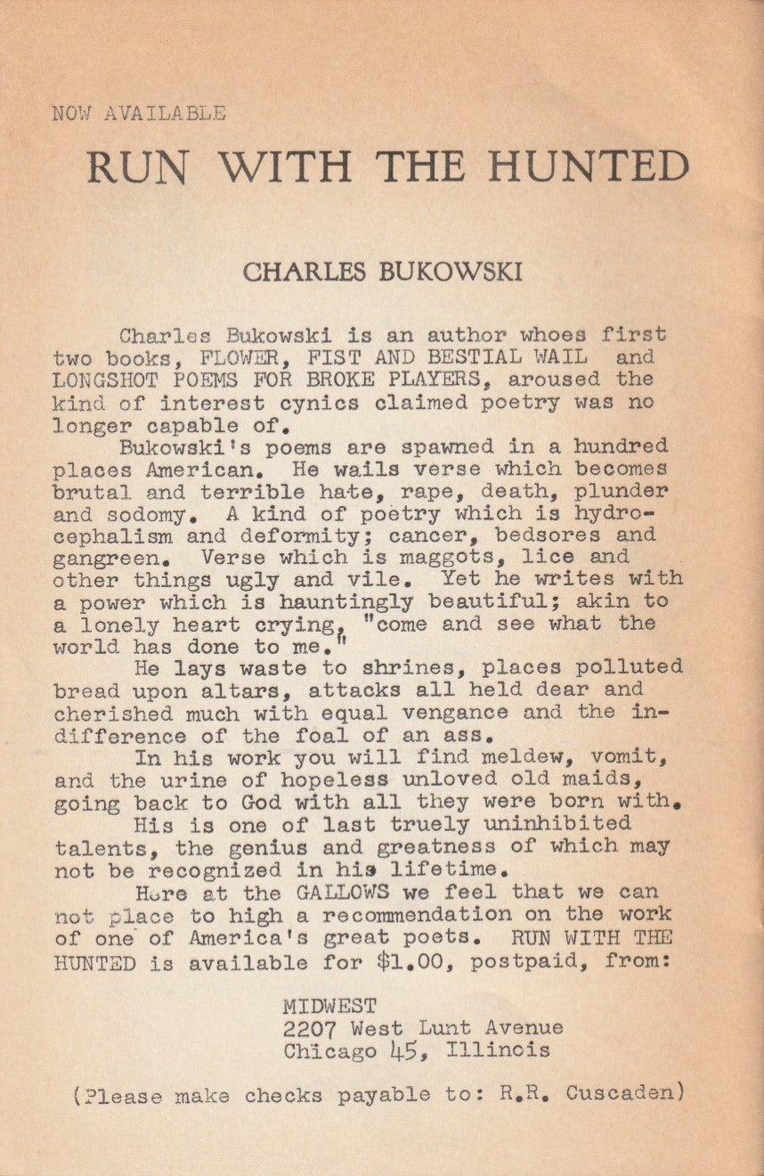 Run with the Hunted (1962) – Signed by Charles Bukowski with Drawing, Announcement and Custom Box