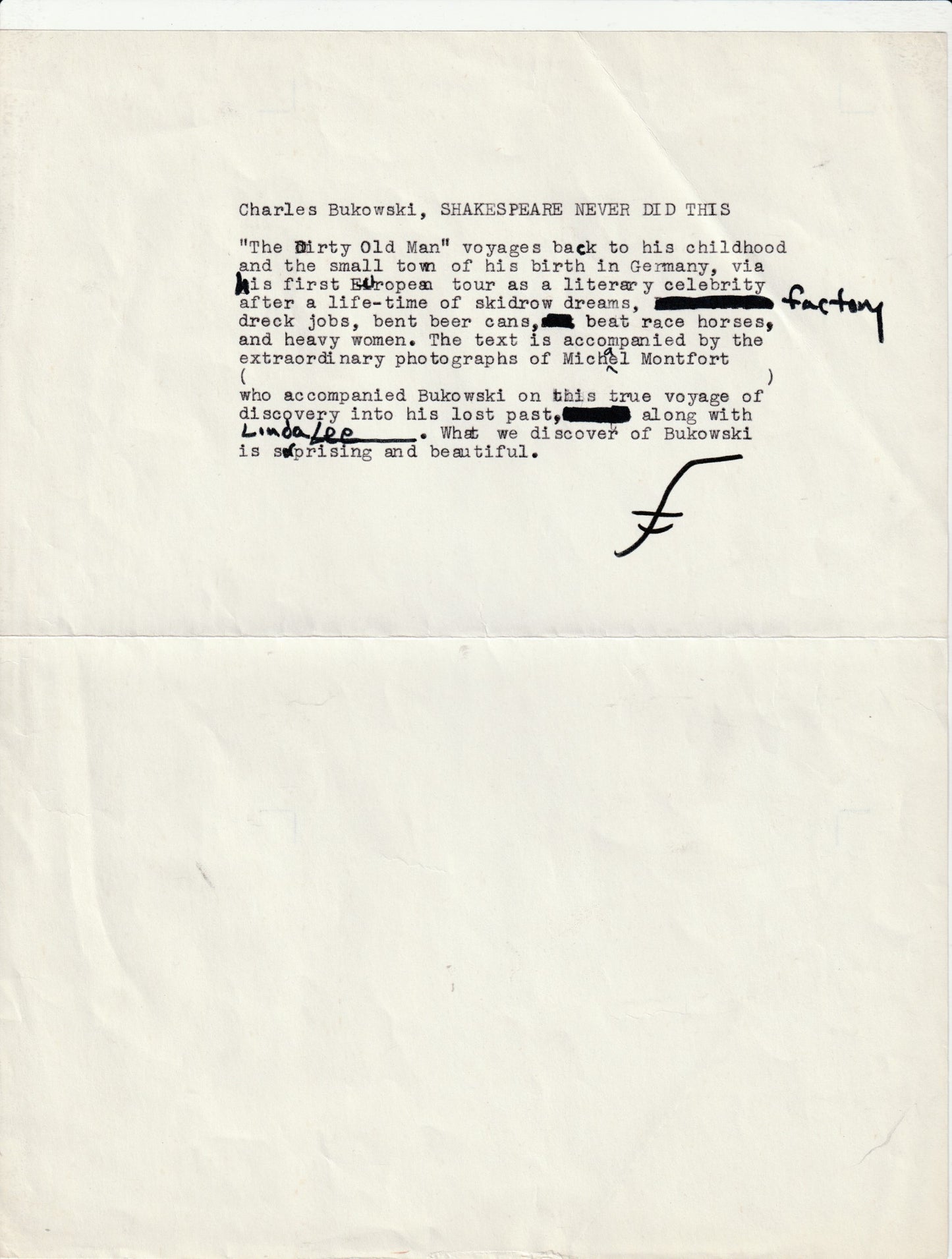 Signed by Bukoski with Book Description Signed by Ferlinghetti: Shakespeare Never Did This (1979)