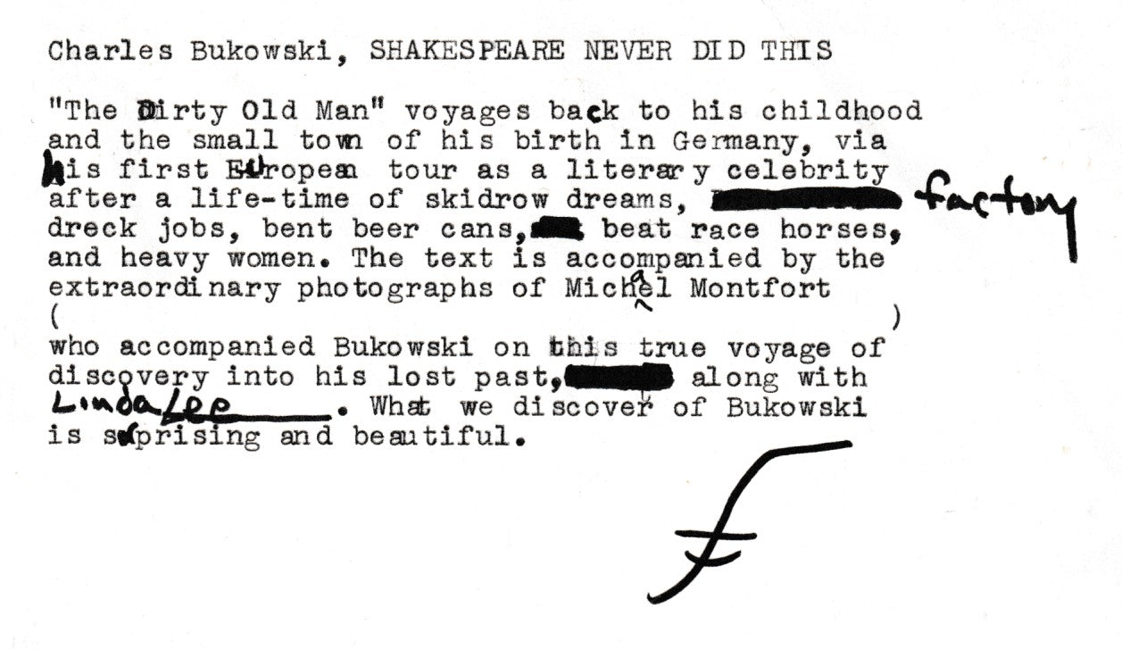 Signed by Bukoski with Book Description Signed by Ferlinghetti: Shakespeare Never Did This (1979)
