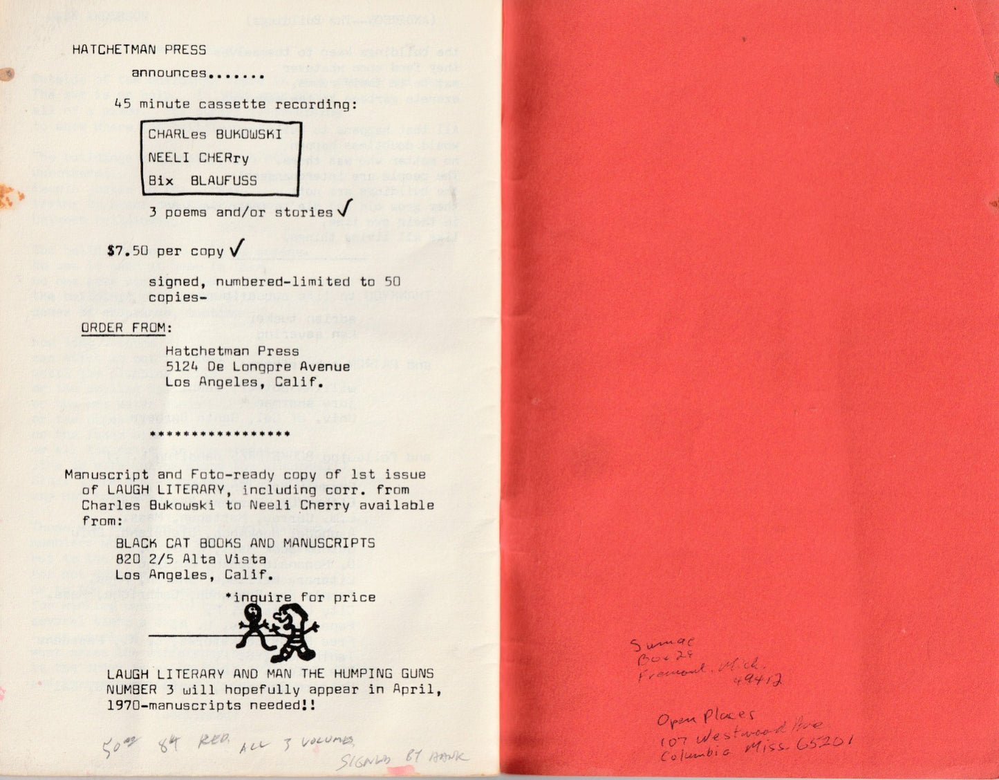 Signed by Charles Bukowski: Laugh Literary And Man The Humping Guns No. 2, Bukowski as Publisher, Poet and Editor