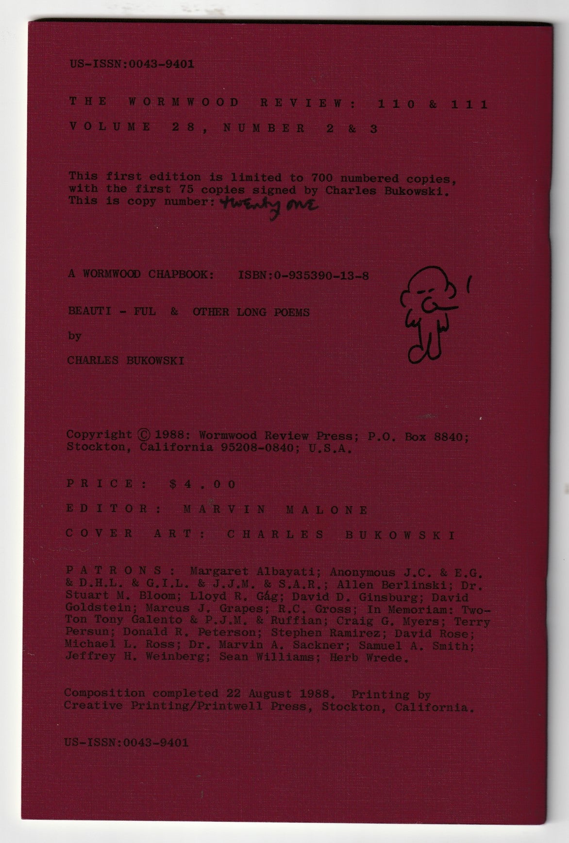 BEAUTI-FUL, Wormwood Review 110-111: Deluxe Edition Signed by Bukowski (#21/75)