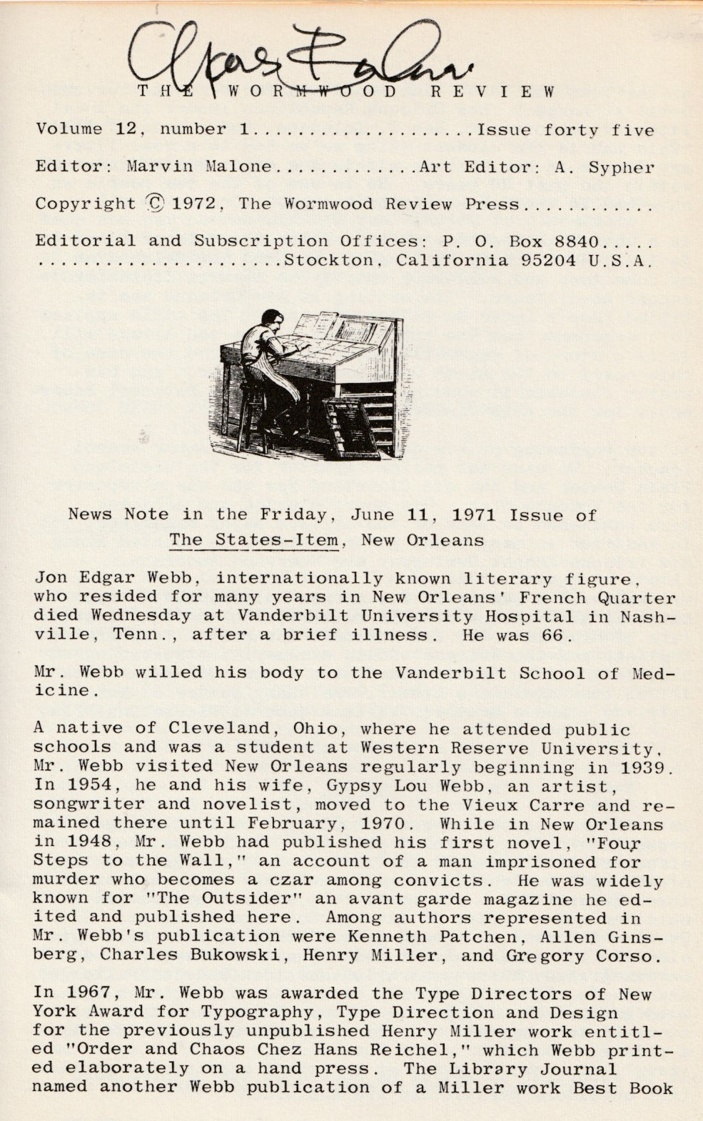 Signed by Charles Bukowski: Special Jon Webb Wormwood Review Issue