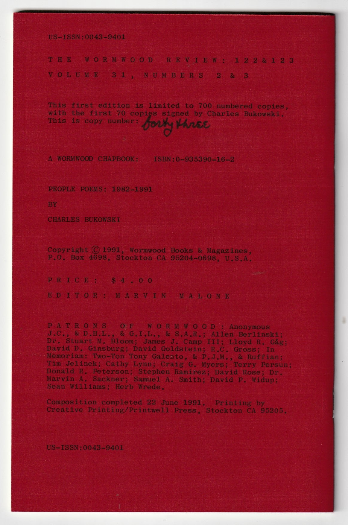 Wormwood Review 122-123: Deluxe Issue Signed by Charles Bukowski (43/70)