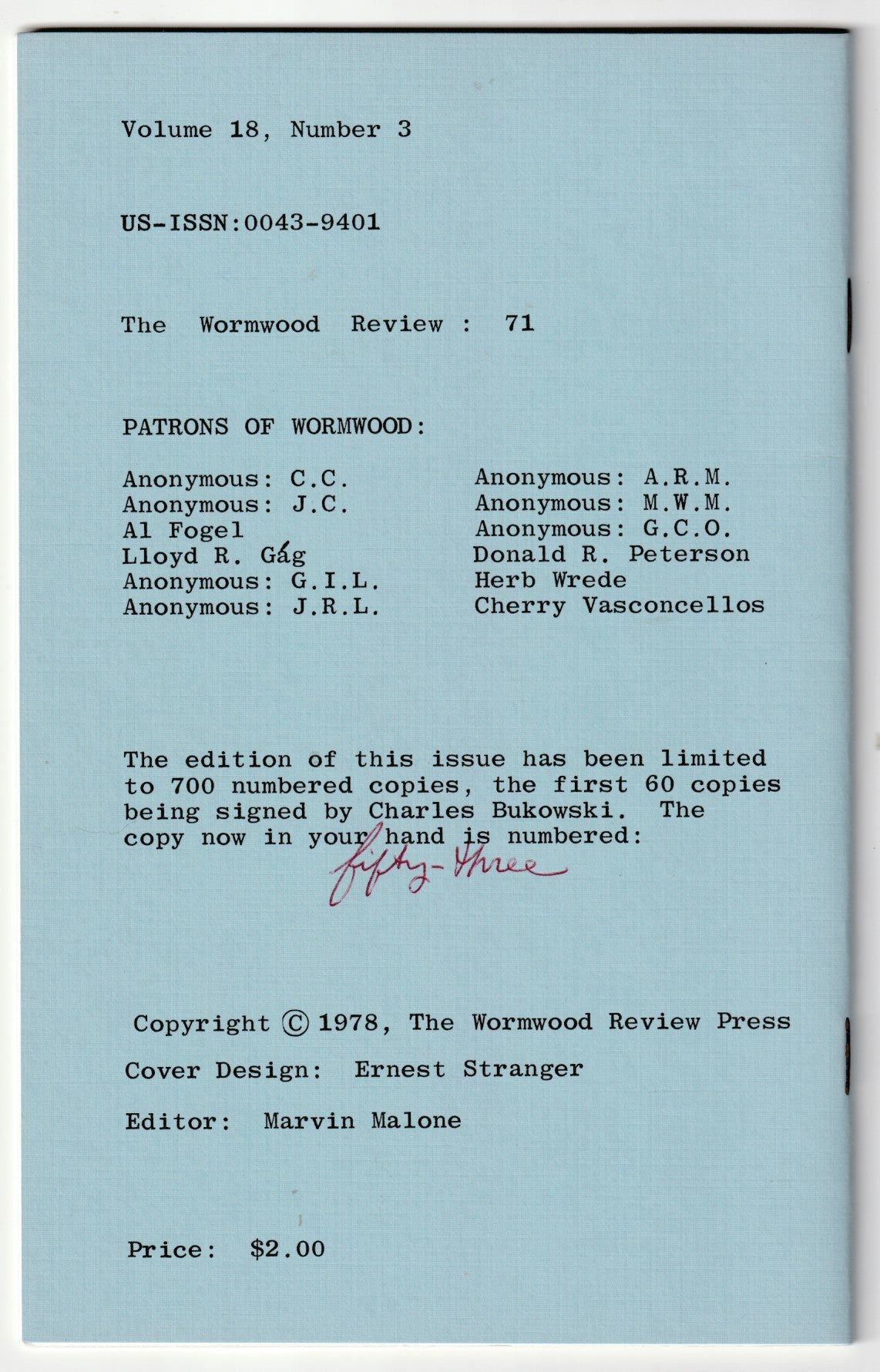 Wormwood Review 71 -- Deluxe Edition Signed by Charles Bukowski (53/60)