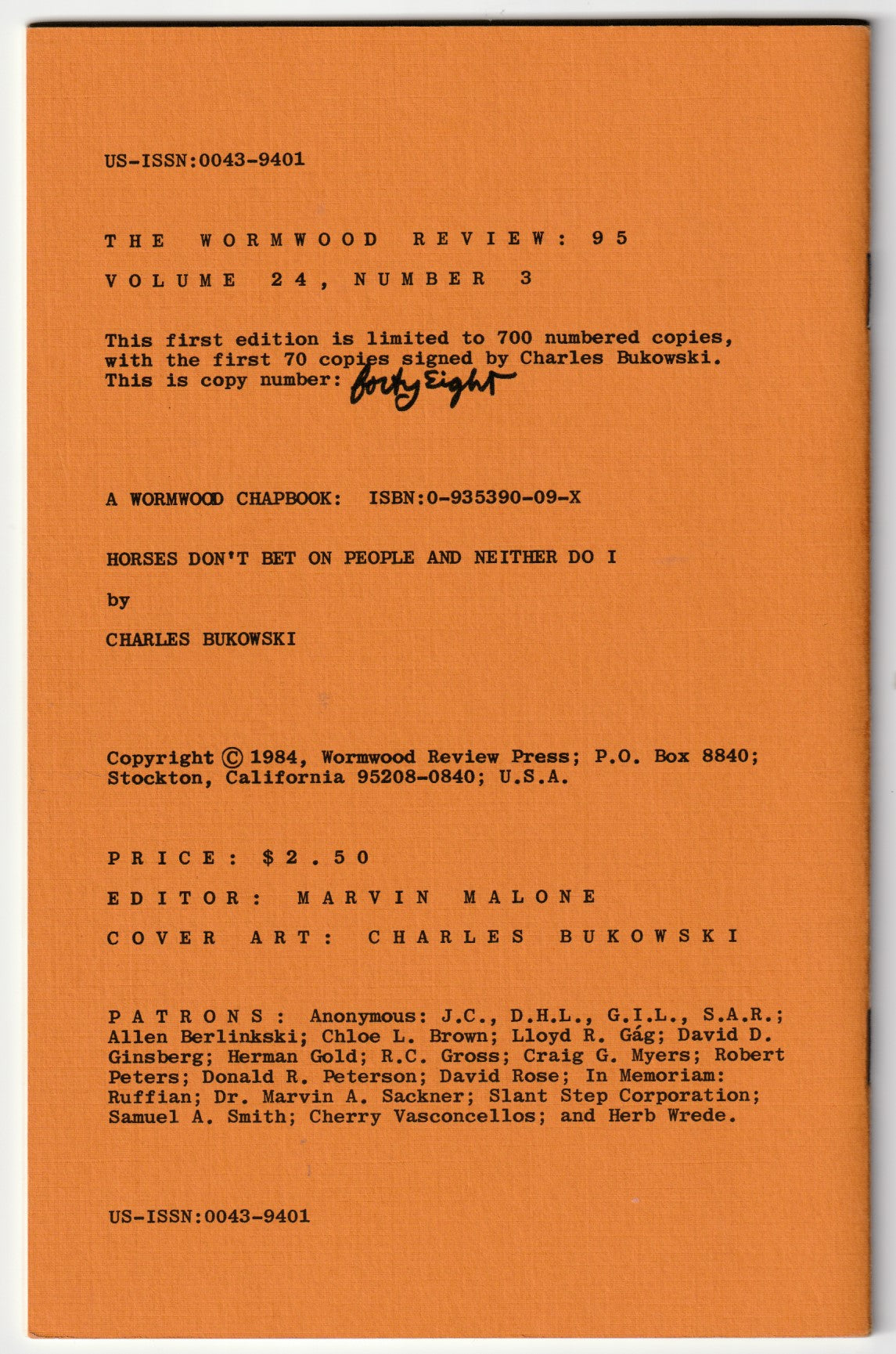 Wormwood Review 95 -- Deluxe Edition Signed by Charles Bukowski with Drawing (48/70)