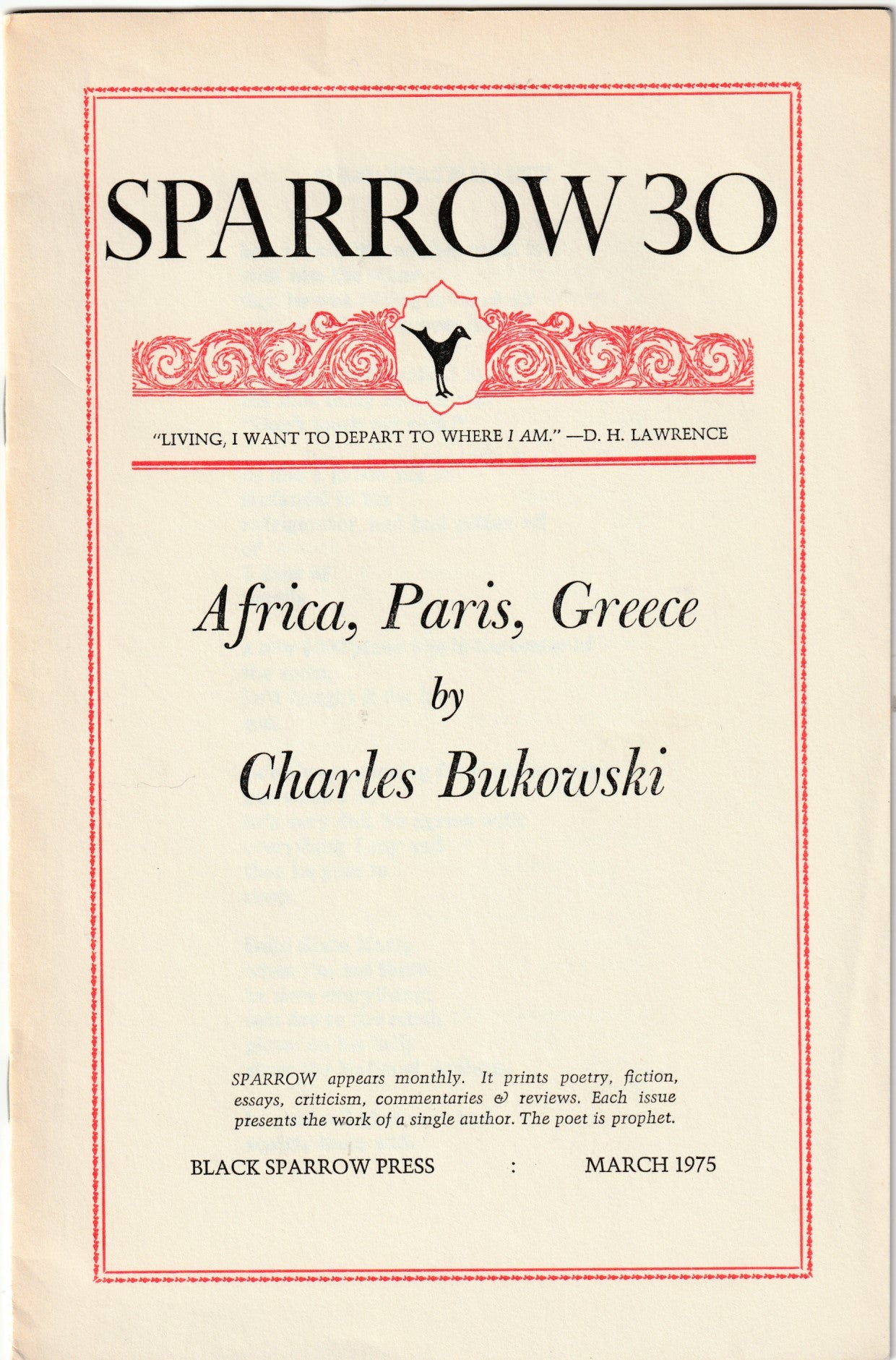 Sparrow 30 (First Printing) -- Seven First Appearance Charles Bukowski Poems (1973)