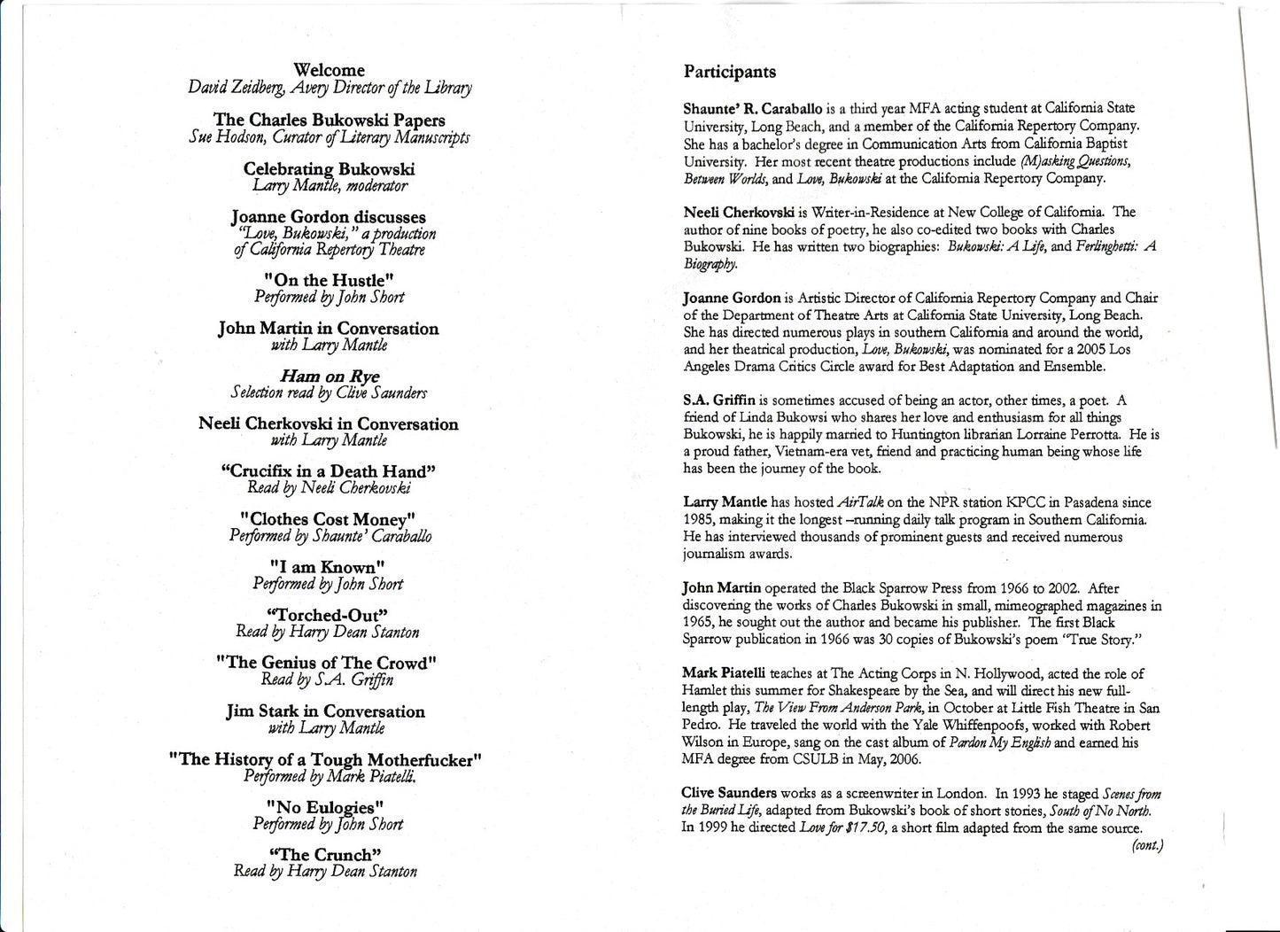 Huntington “Celebrating Bukowski” Event