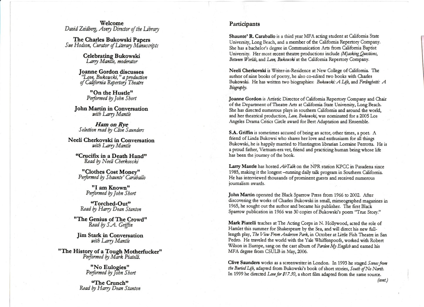 Huntington “Celebrating Bukowski” Event