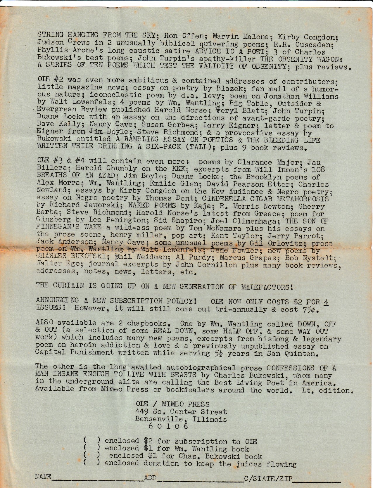 OLE 3: Variant Cover with Hand-Colored Title, Standard Version of Issue, Flyer, and One Uncollected Poem.