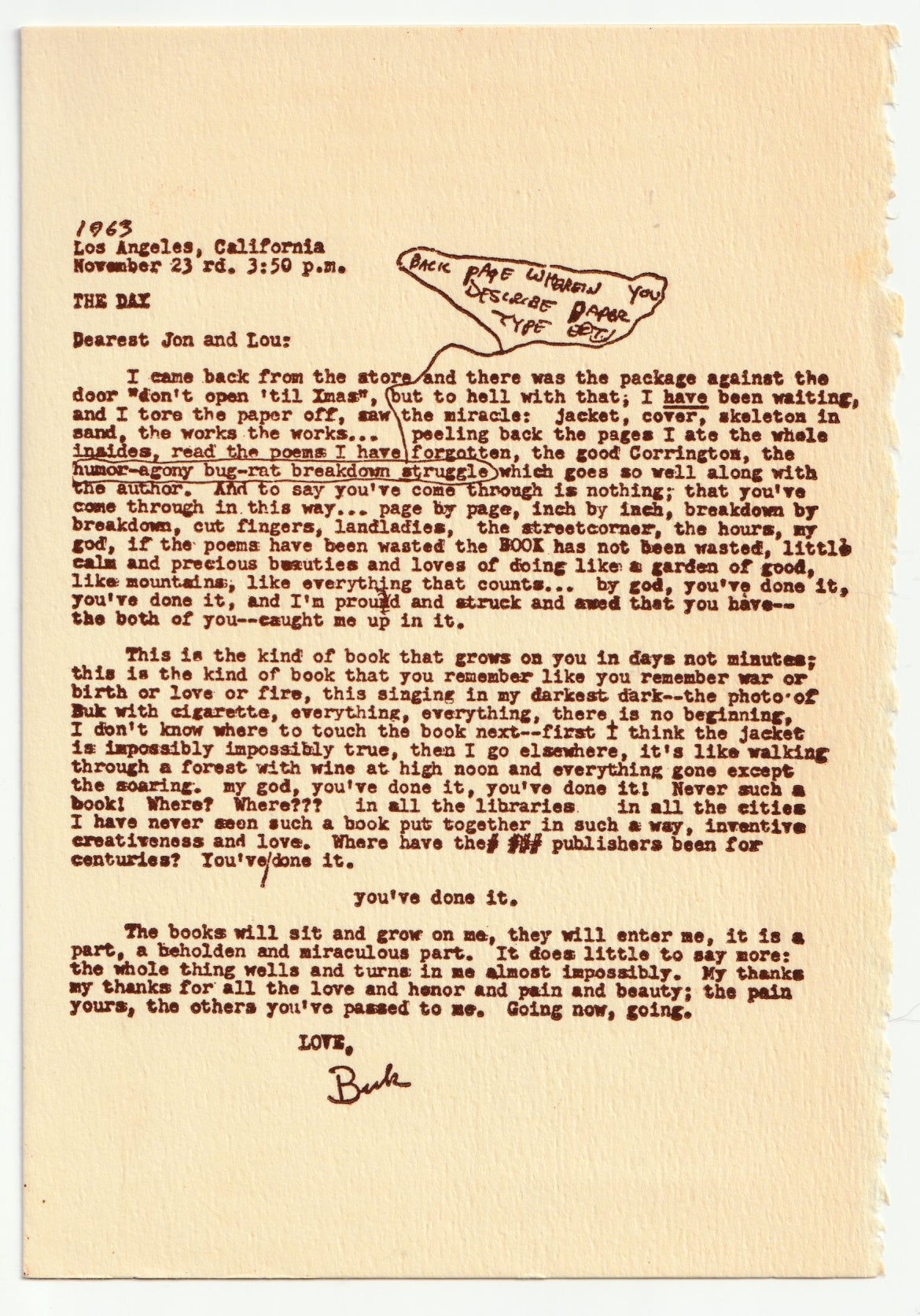 It Catches My Heart in Its Hands: Signed by Bukowski with Quotation On Rare White Paper Stock