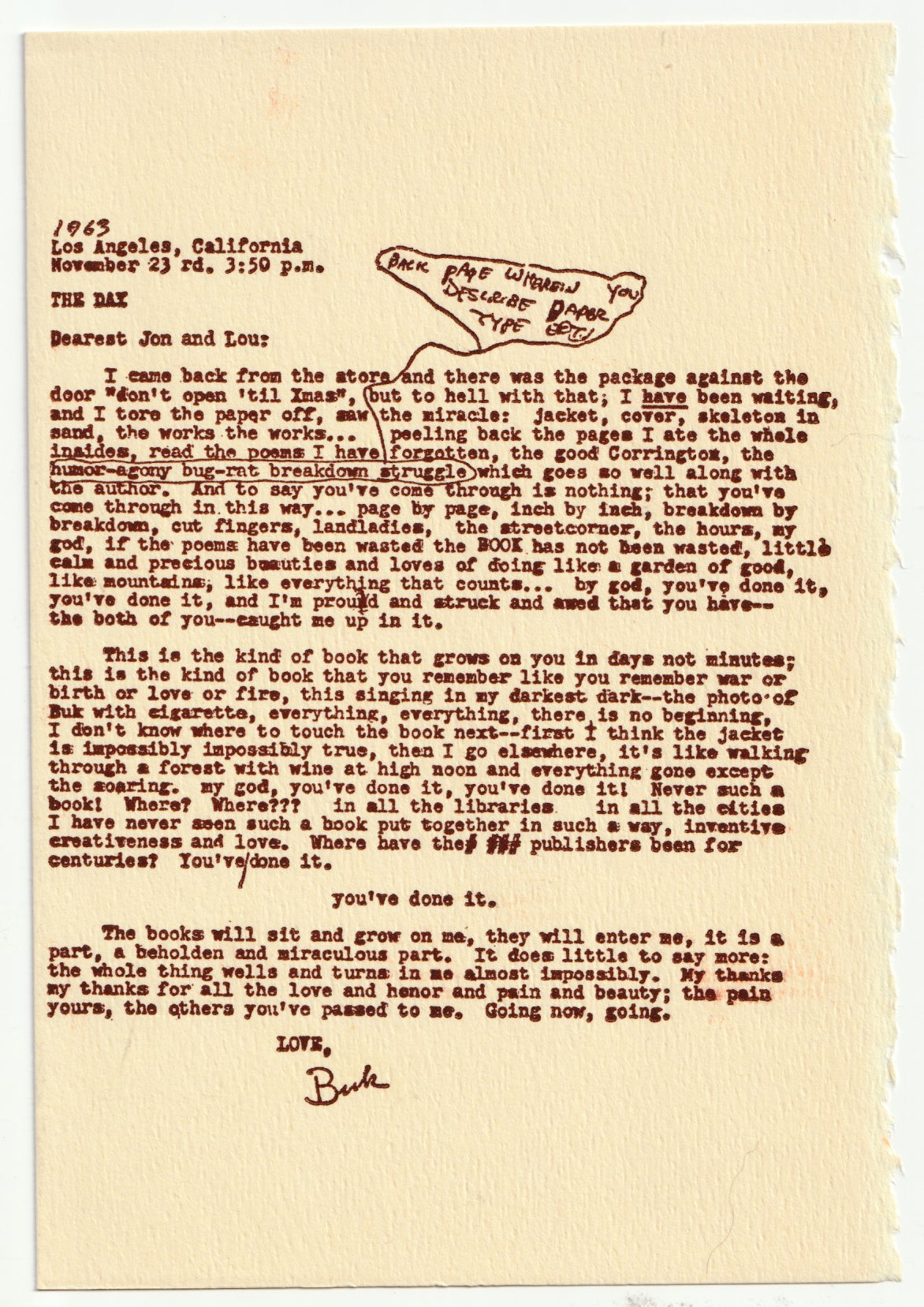 Rare Copy of It Catches My Heart in Its Hands: Signed Twice by Bukowski with Two Quotations. One on Rare White Paper Stock. Includes Custom Clamshell Box and Ephemera