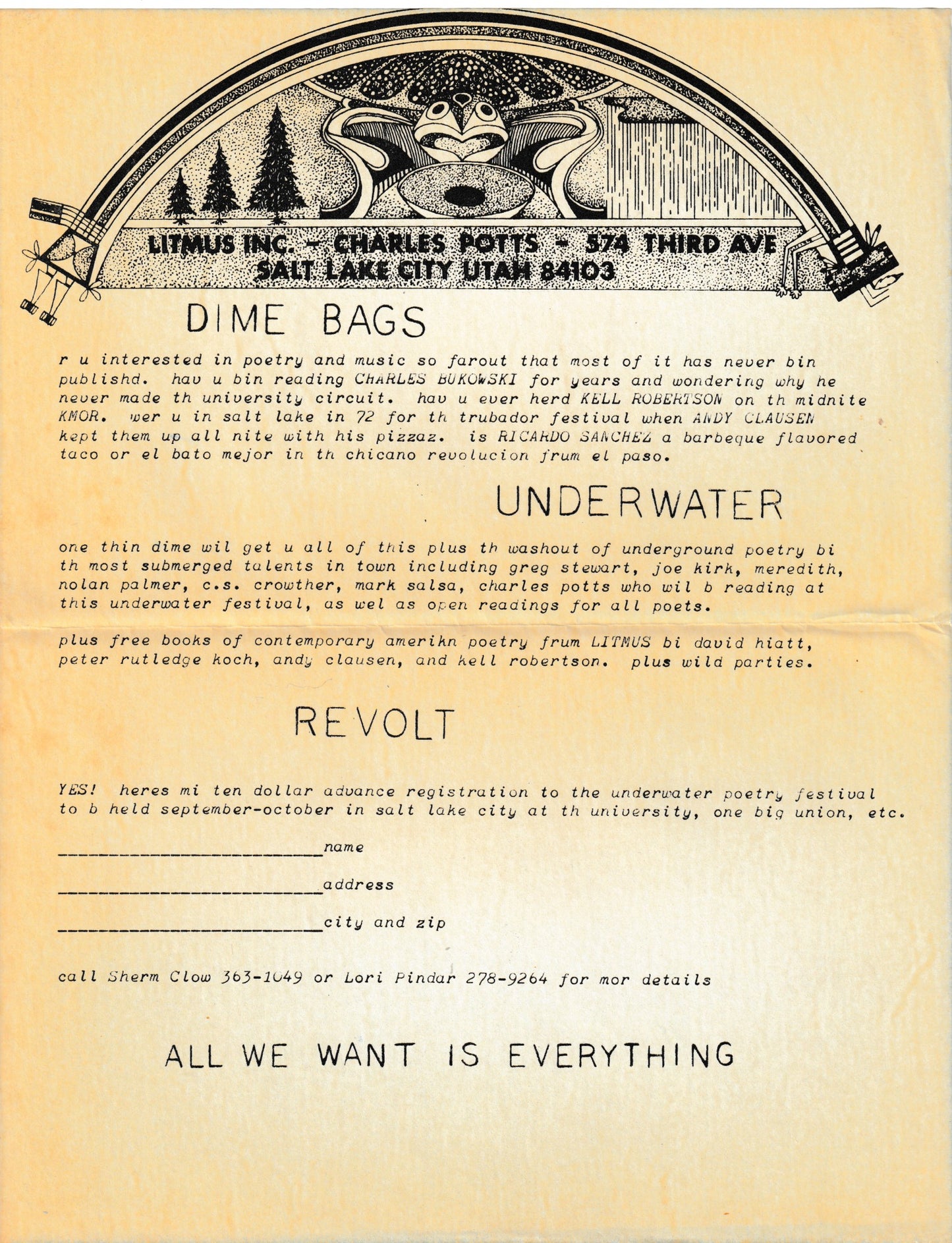 Flyer and CD for Bukowski Reading at the Underwater Poetry Festival (1974)