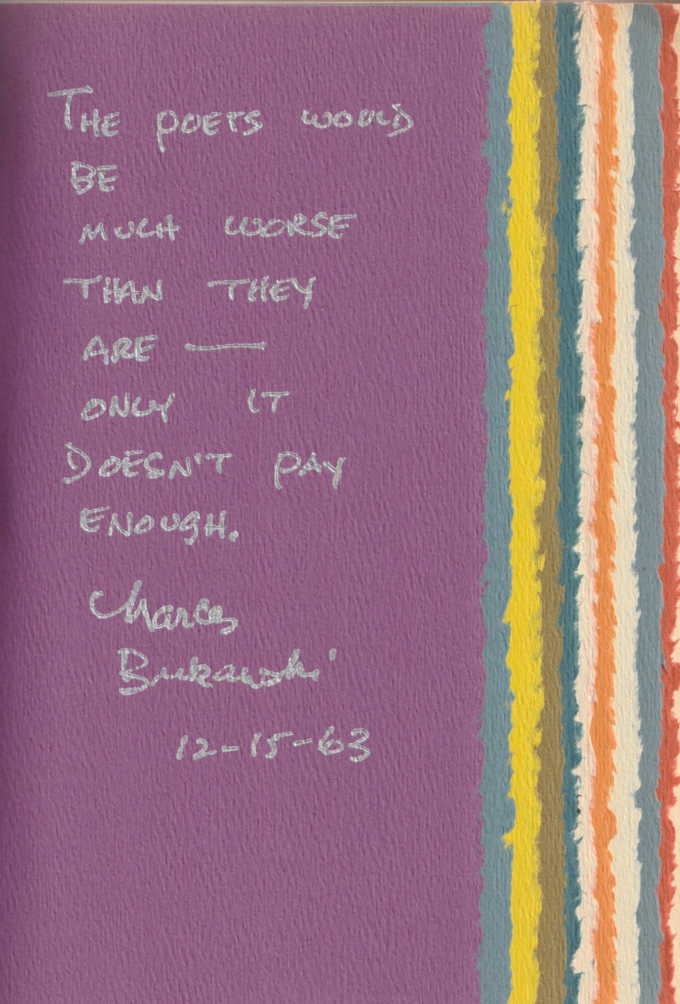 Rare Copy of It Catches My Heart in Its Hands: Signed Twice by Bukowski with Two Quotations. One on Rare White Paper Stock. Includes Custom Clamshell Box and Ephemera