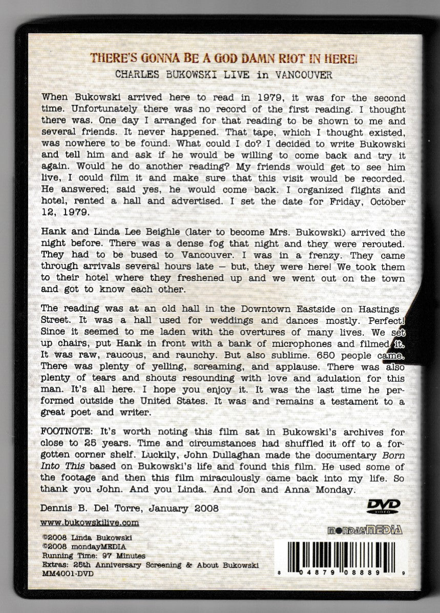 DVD for 1979 Bukowski Reading in Vancouver: There’s Gonna Be A God Damn Riot In Here!