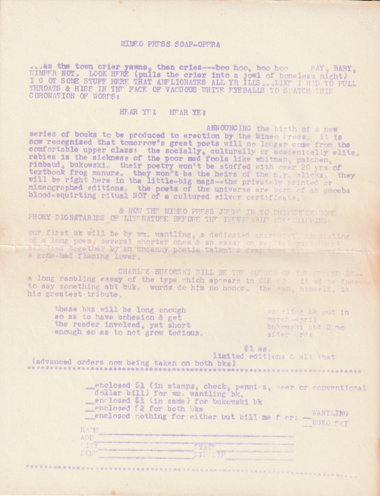 Confessions of a Man Insane Enough to Live with Beasts with Book Announcement: First Book of Prose by Charles Bukowski (1965)