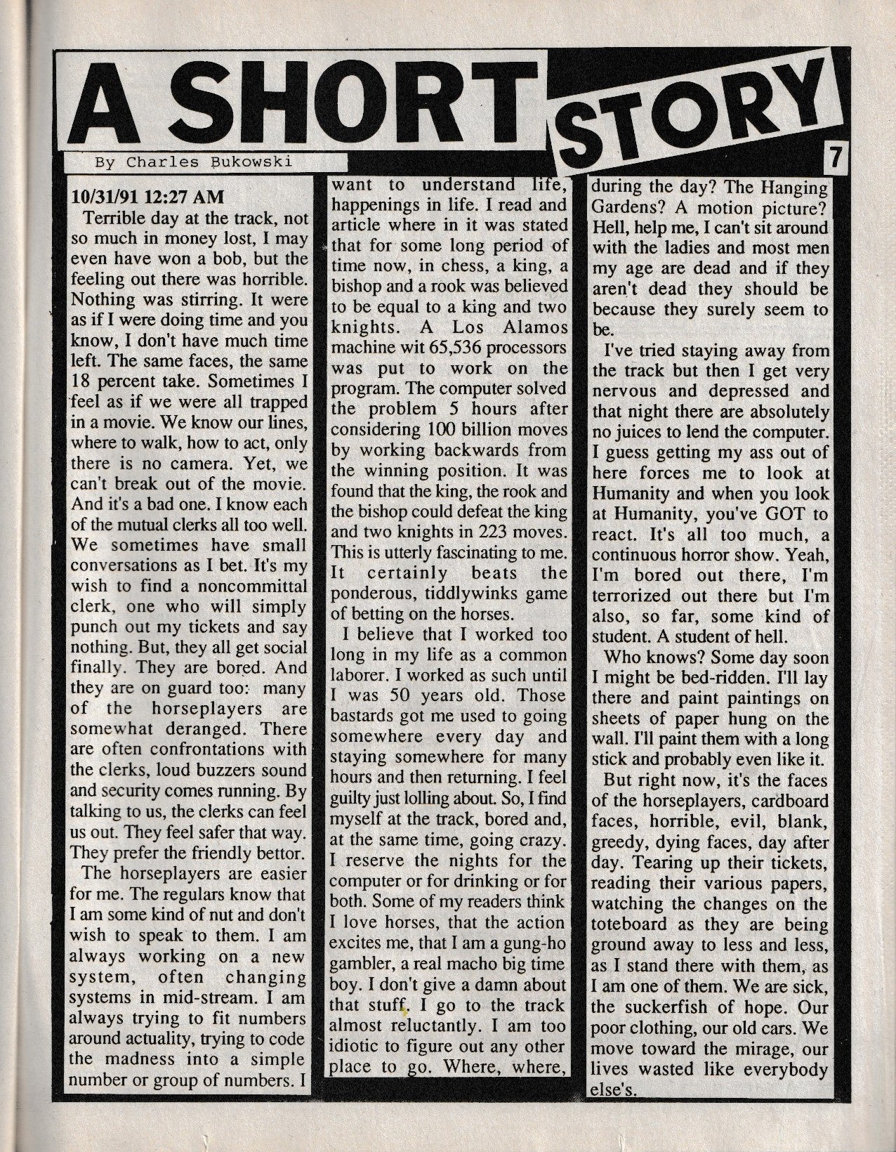 Half-Truth 7 -- One Journal Entry by Charles Bukowski Poem (1992)