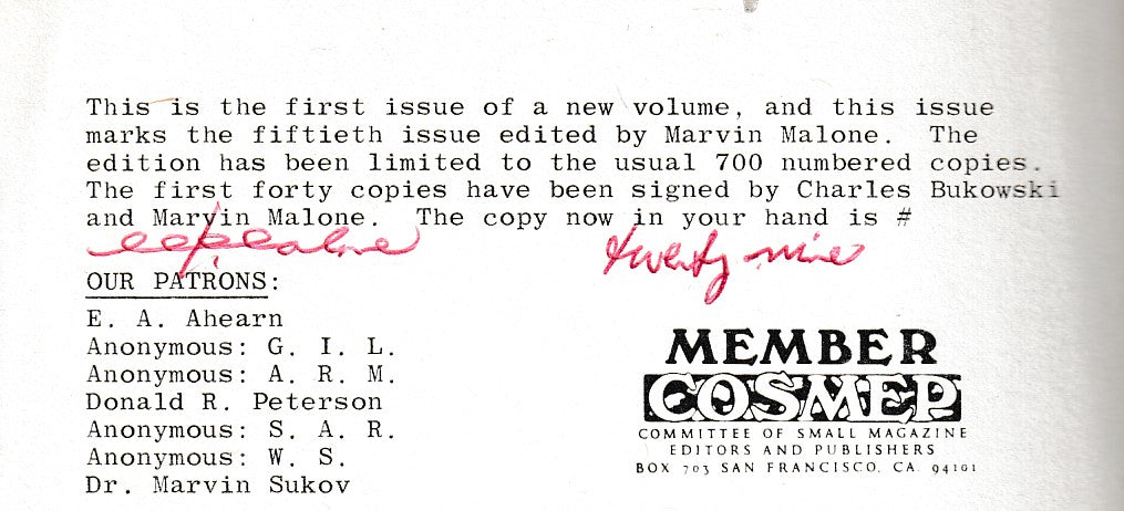 Wormwood Review 53 (#29/40) – Signed with Drawing and Quote by Charles Bukowski