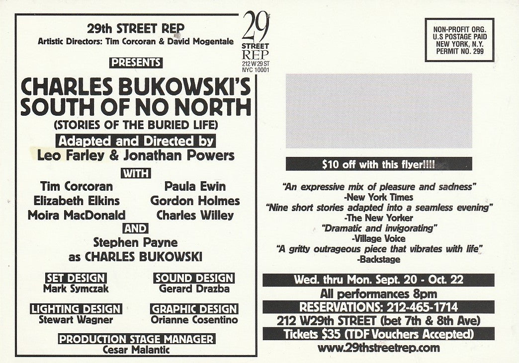 Flyer for NYC Production: South of No North by Charles Bukowski