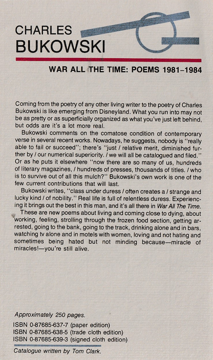 War All The Time: Signed Hardcover w/ Annoucement by Charles Bukowski