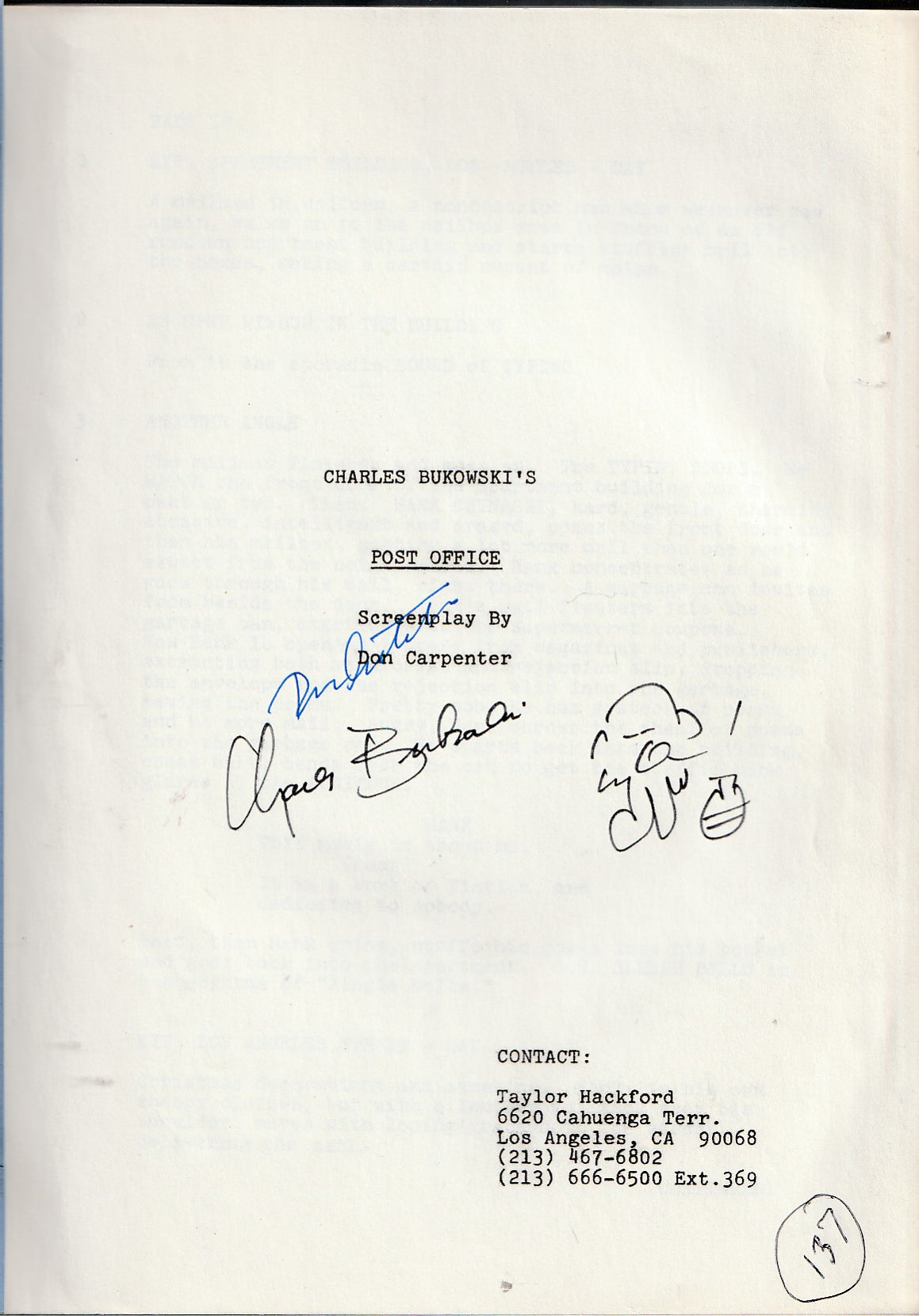 Post Office Screenplay Signed by Bukowski & Dan Carpenter w/ Signed Letter