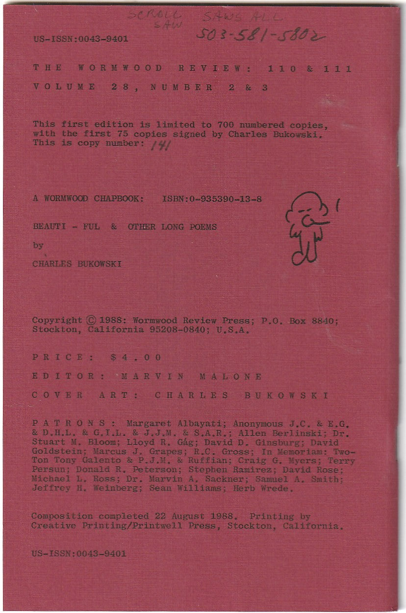 Wormwood Review 110 & 111 #141/700 -- Charles Bukowski Chapbook BEAUTI-FUL, Three Uncollected Poems, 19 Poems Total (1988)