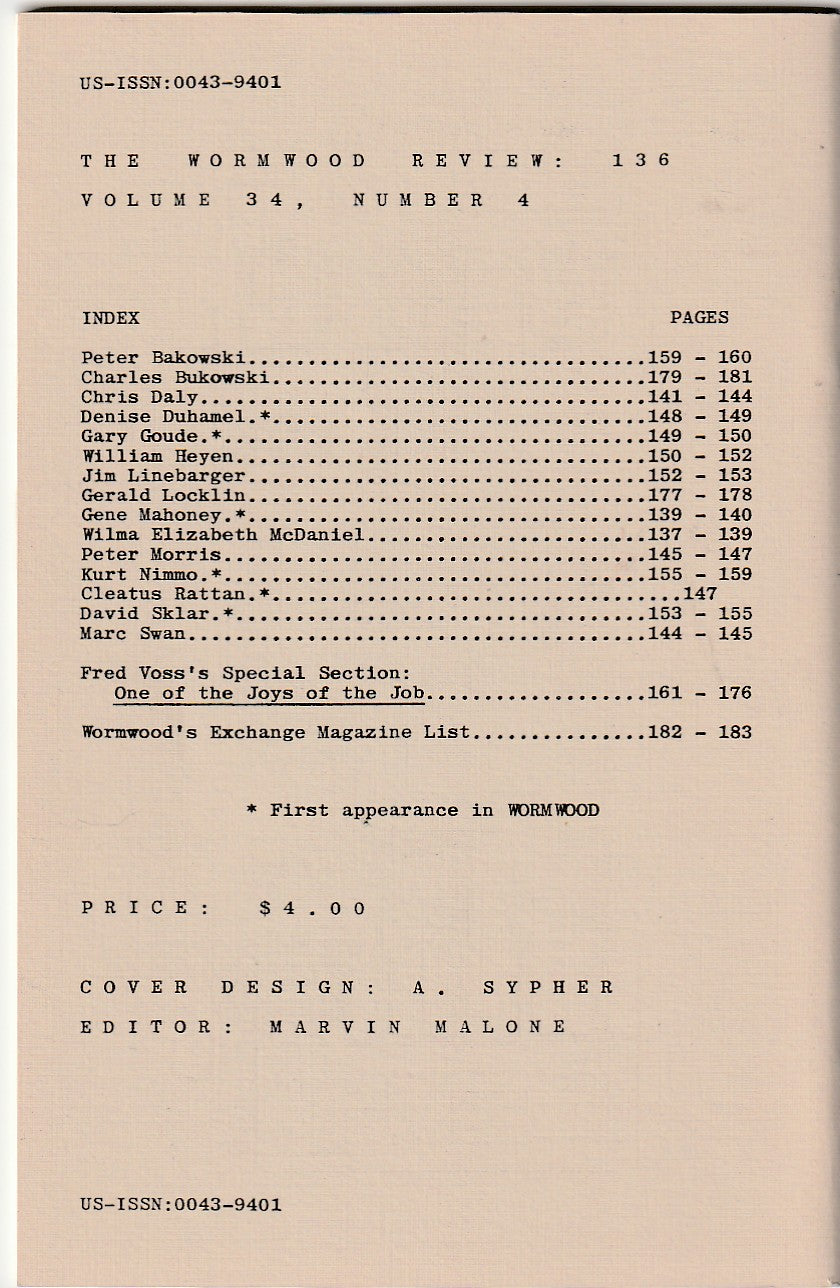 Wormwood Review 136 #260/700 — 3 Poems by Charles Bukowski