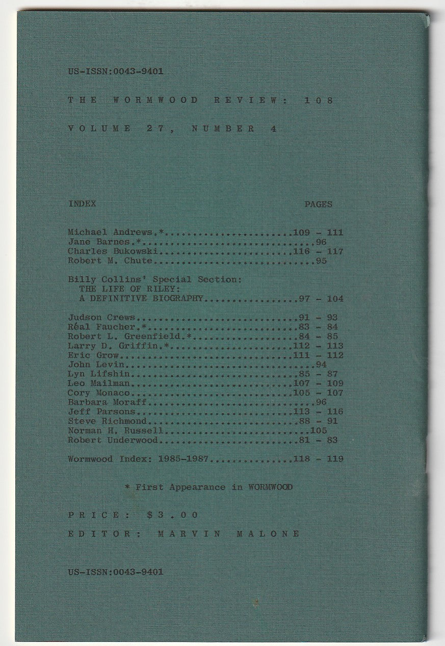 Wormwood Review 108 #159/700 — 2 Poems. One Uncollected by Charles Bukowski