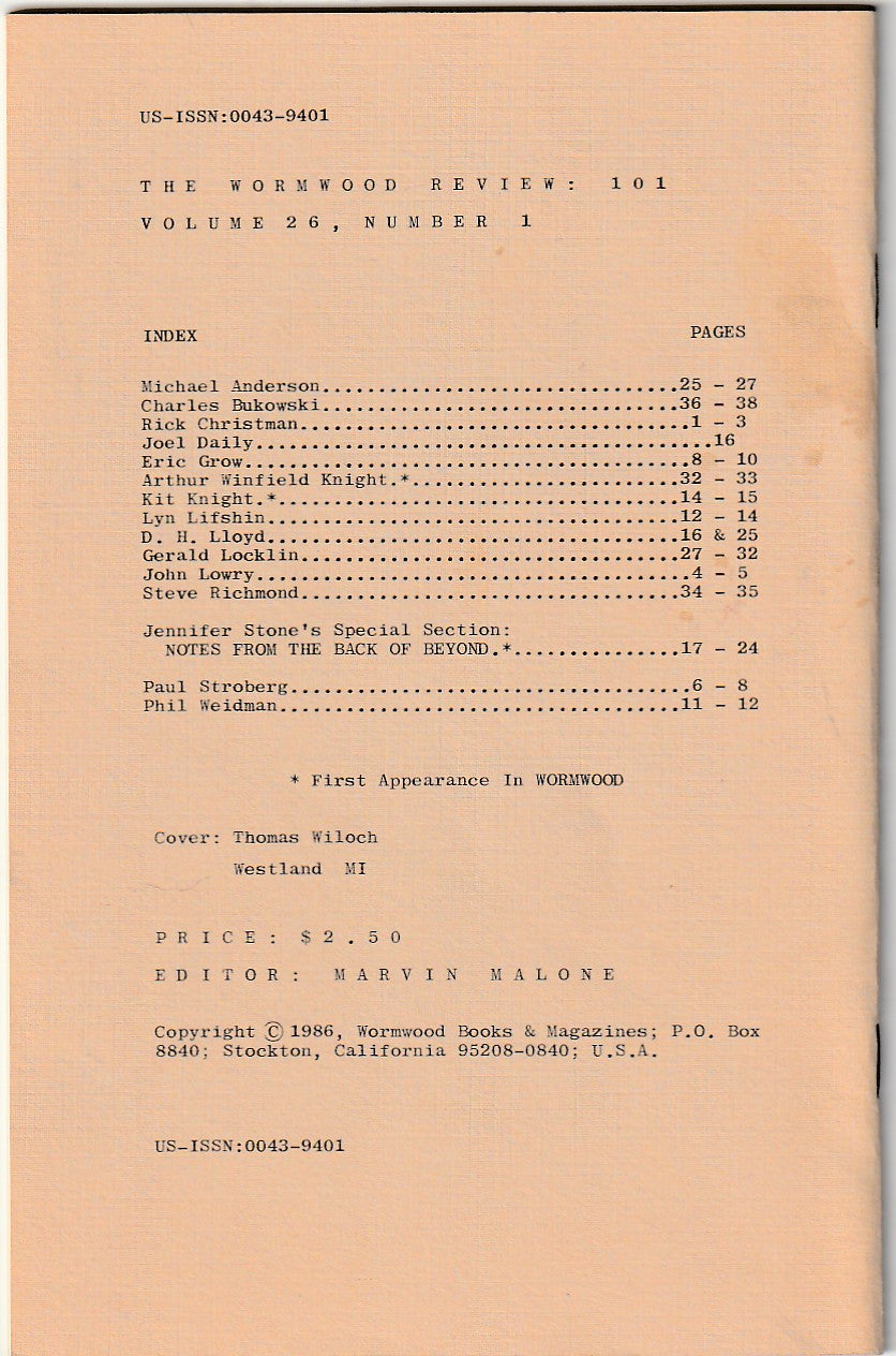 Wormwood Review 101 #196/700—2 Poems, One Uncollected by Charles Bukowski