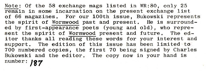Wormwood 100 #187/700 – Good Stuff Special Charles Bukowski Section 13 Poems, Three Uncollected