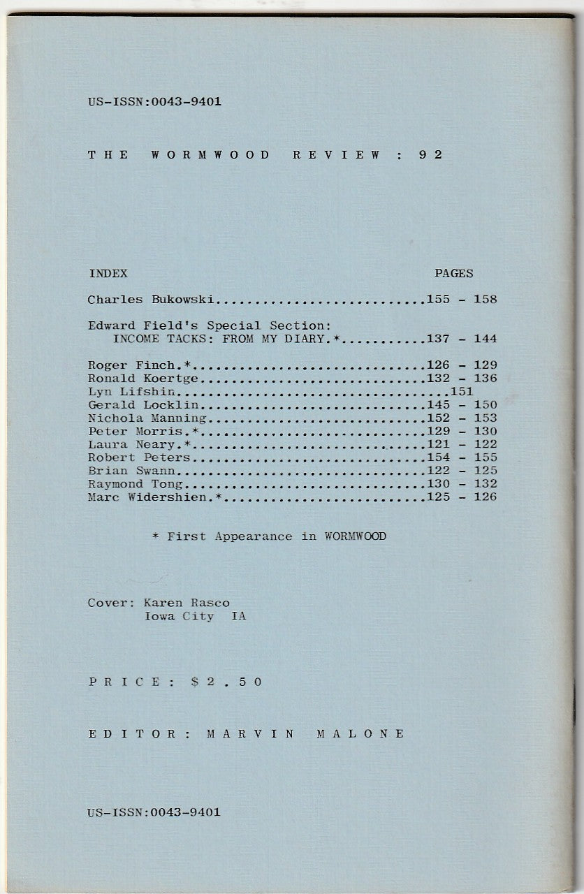 Wormwood Review 92 #325/700 -- Two Poems, One Uncollected by Charles Bukowsk
