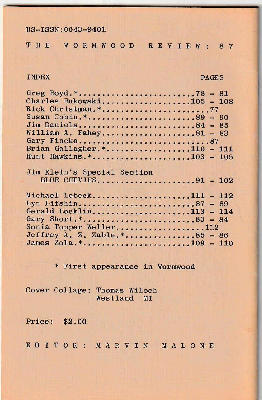 Wormwood Review 87 #270/700 -- Three Uncollected Poems (Four Total) by Charles Bukowski