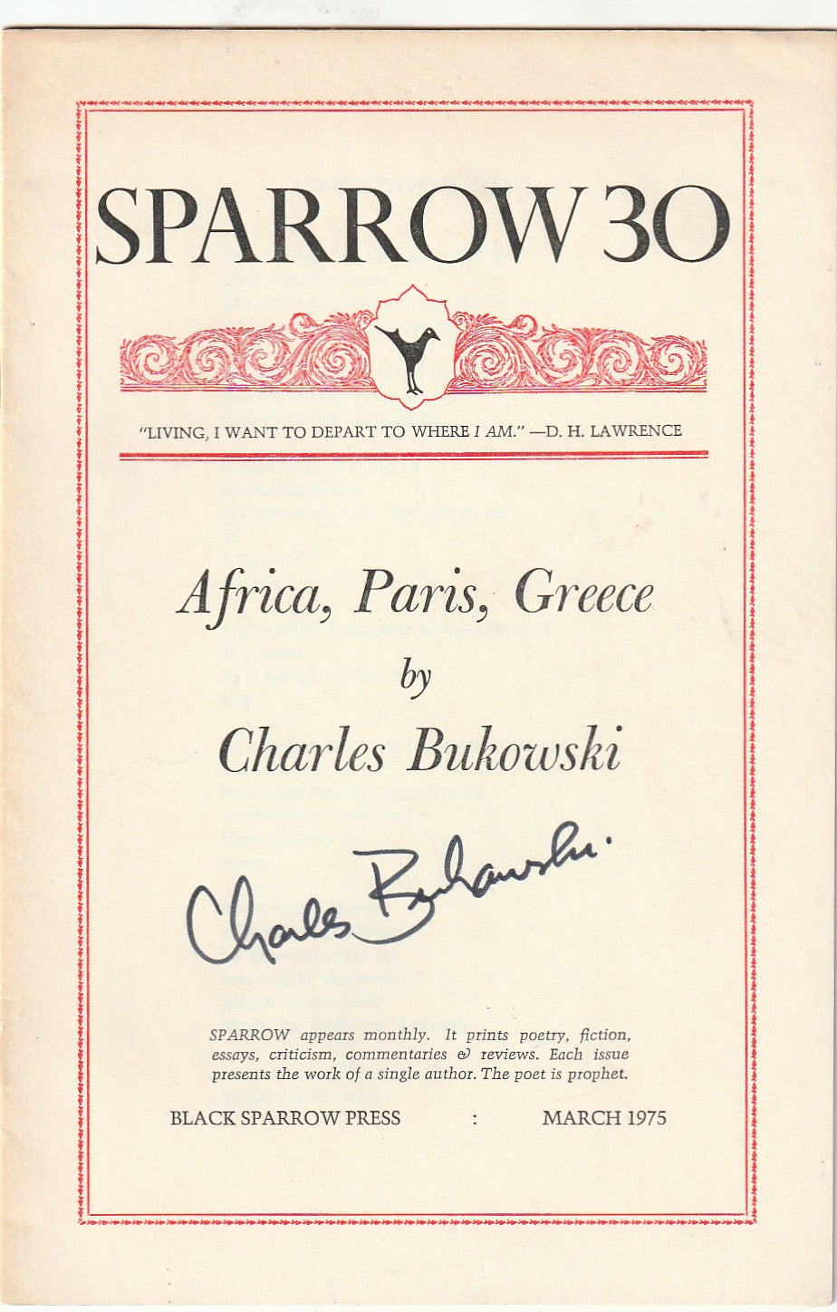 Sparrow Magazine 30: Signed by Charles Bukowski (1975)