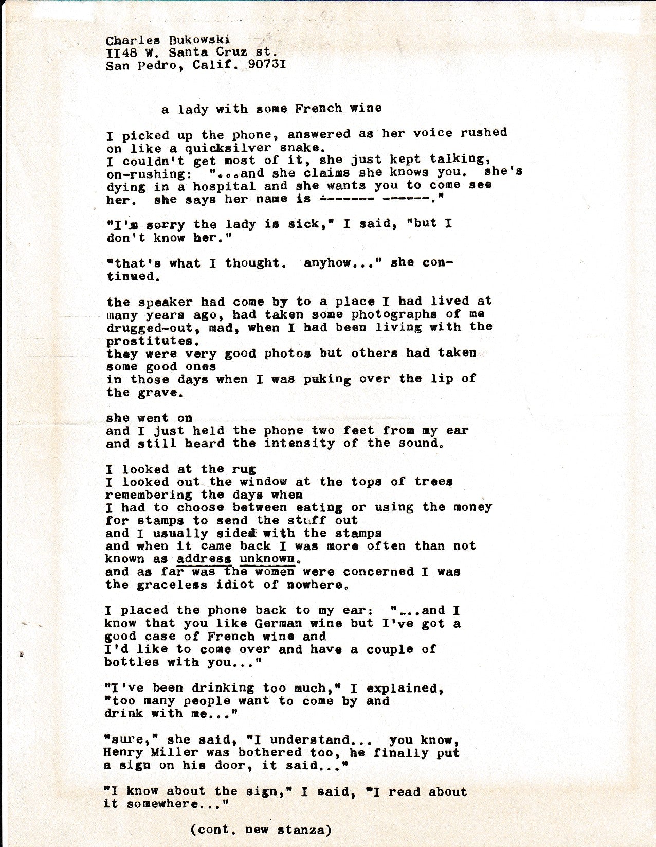 A lady with Some French Wine: Signed, Uncollected Poem by Charles Bukowski