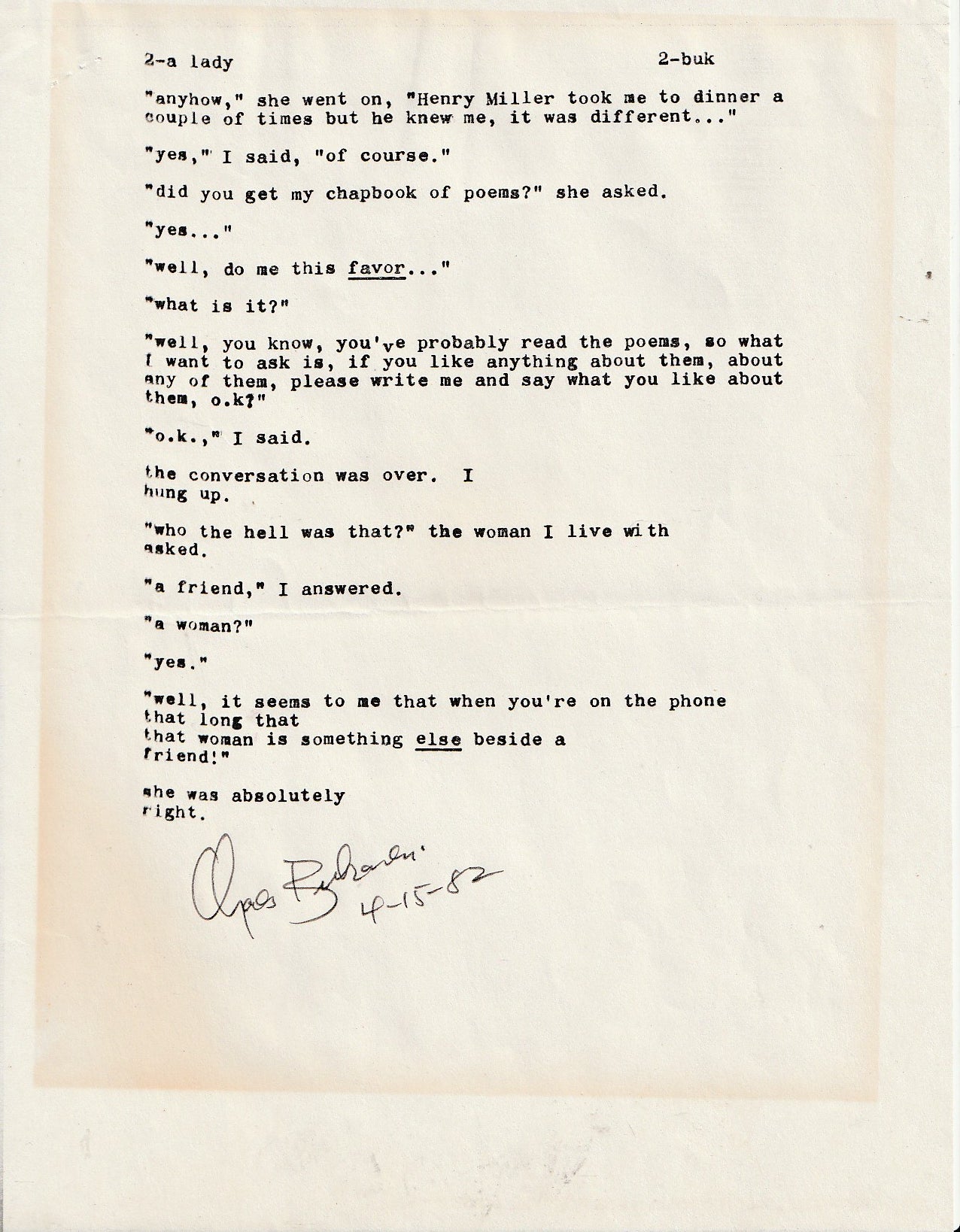 A lady with Some French Wine: Signed, Uncollected Poem by Charles Bukowski