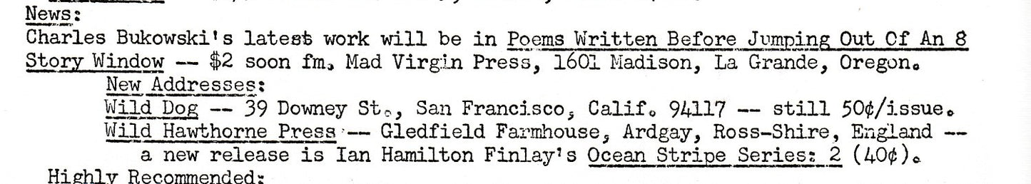 Wormwood Review 18 (#422/600) – One Charles Bukowski Poem and Book Announcement