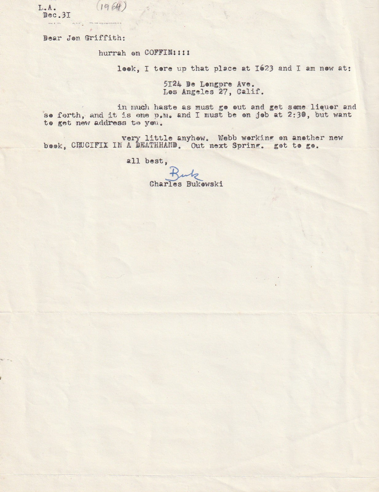 Coffin 1 – Signed Letter and Portfilio Featuring Charles Bukowski’s First Standalone Work