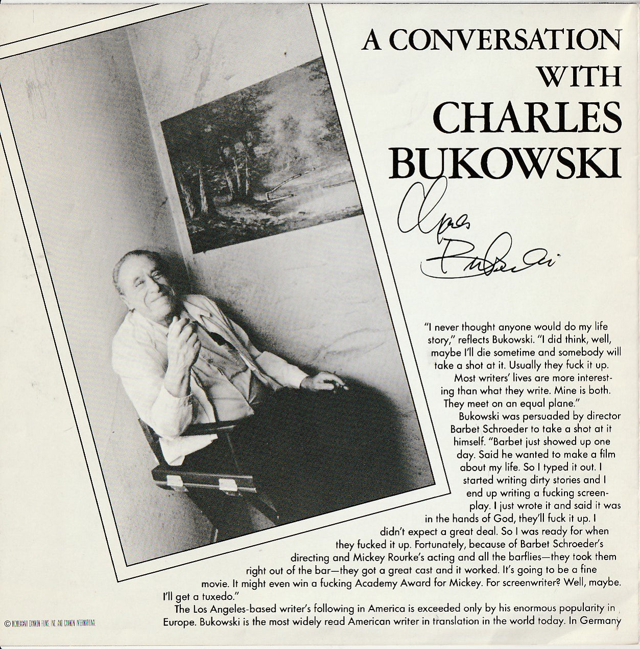 Official Barfly Promo Booklet Signed by Charles Bukowski (1987)