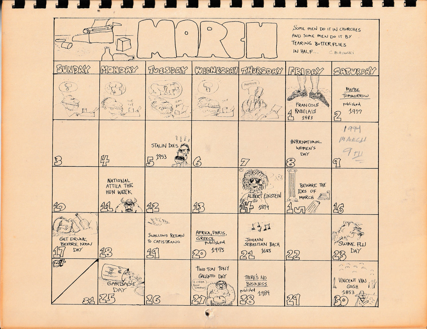 Charles Bukowski Calendar – Signed and Hung at Red Stodolsky’s Baroque Book Store