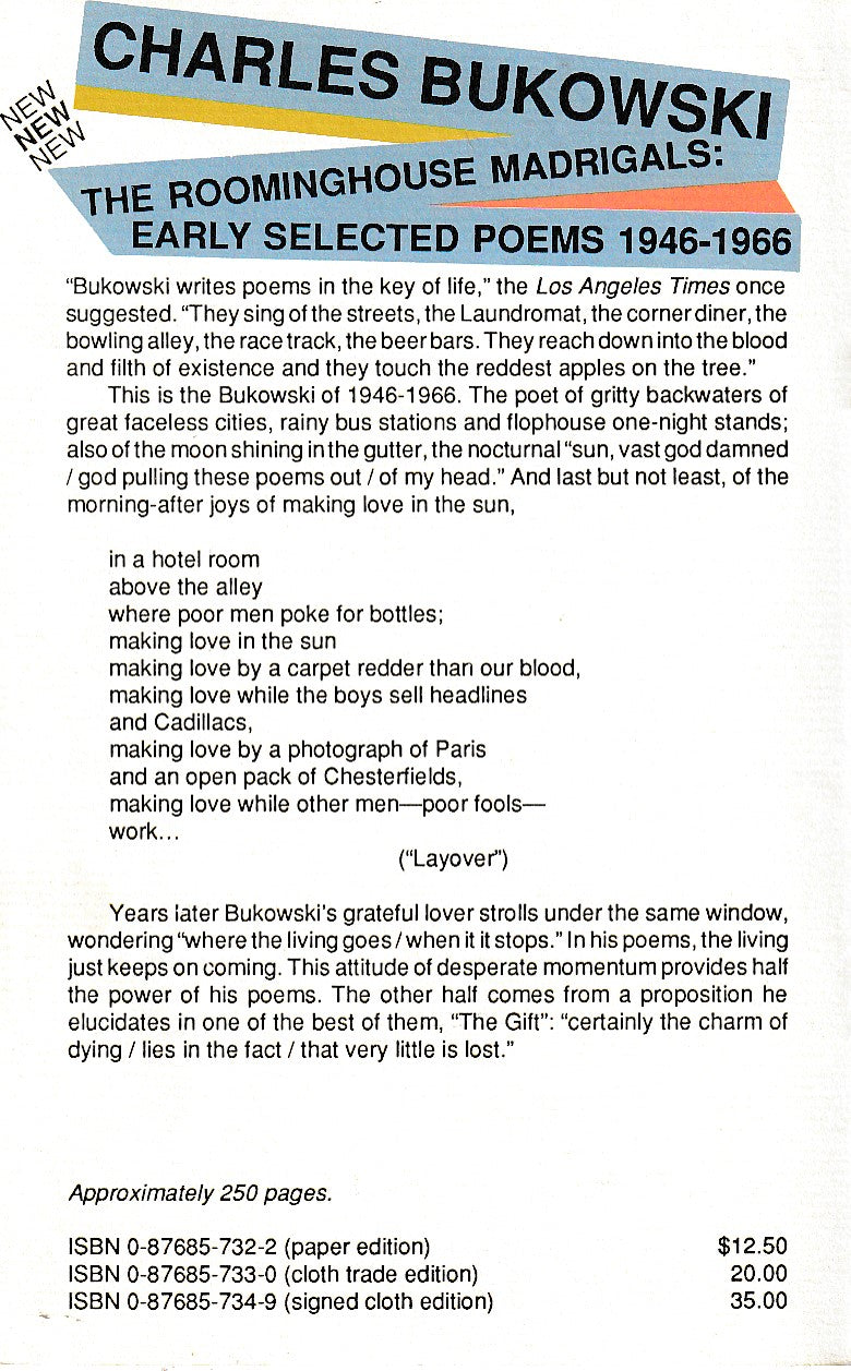 The Roominghouse Madrigals: First Edition Trade Hardcover Inscribed by Charles Bukowski