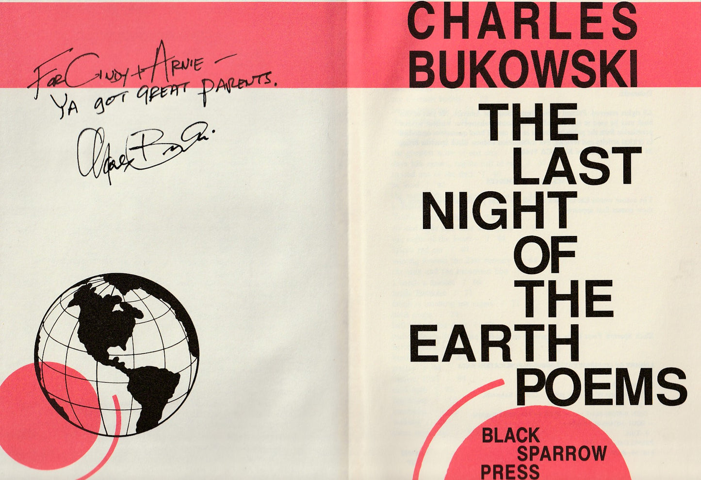 The Last Night Of The Earth Poems: First Edition Inscribed by Charles Bukowski